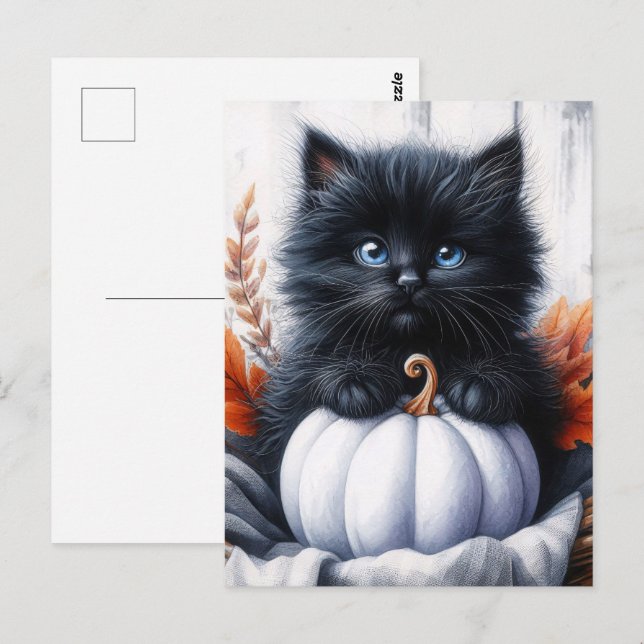 Svart kattunge med vit pumpa Halloween Vykort (Fram/baksida)