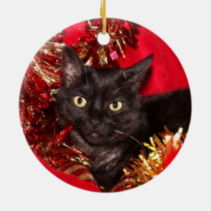 Svart kattungejul julgransprydnad keramik