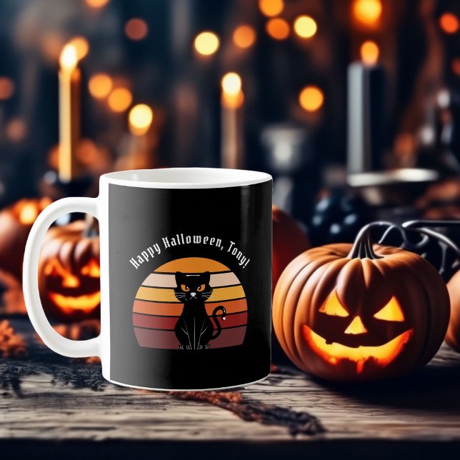 Svart kattutskrift i snyggt Happy halloween Kaffemugg (Stylish Happy Halloween Black Cat Print Coffee Mug)