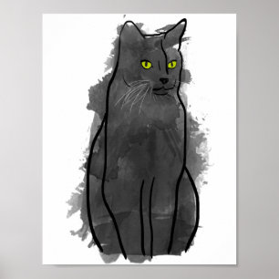 Svart kattvattenfärgkonst, vattenfärgkattdekor poster