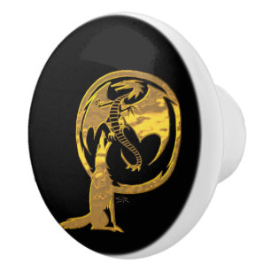 Svart keramisk knopp av varg och drake Guld