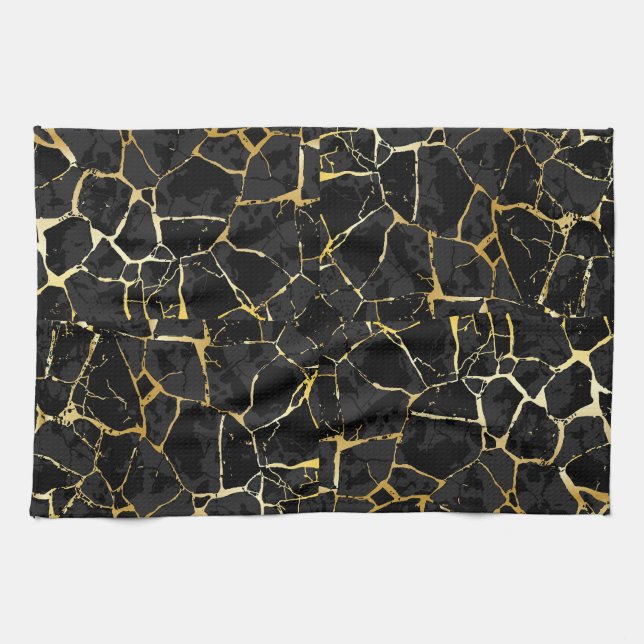 Svart Kintsugi Guldåder  Kökshandduk (Horisontell)