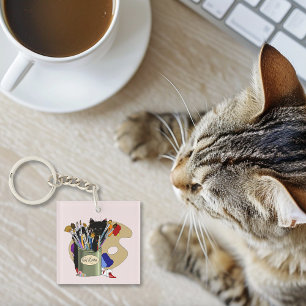 Svart Kitteln Målarpensel Kruka Konstnär Katt Rosa