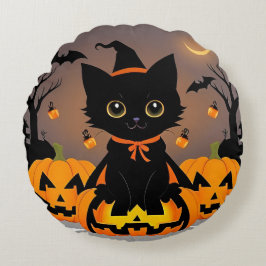 Svart Kitten i Witch Hat Rund Kudde