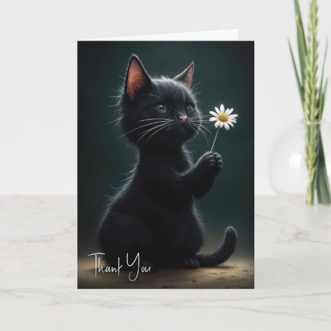 Svart Kitten med vit Daisy Tack Kort (Framsida)