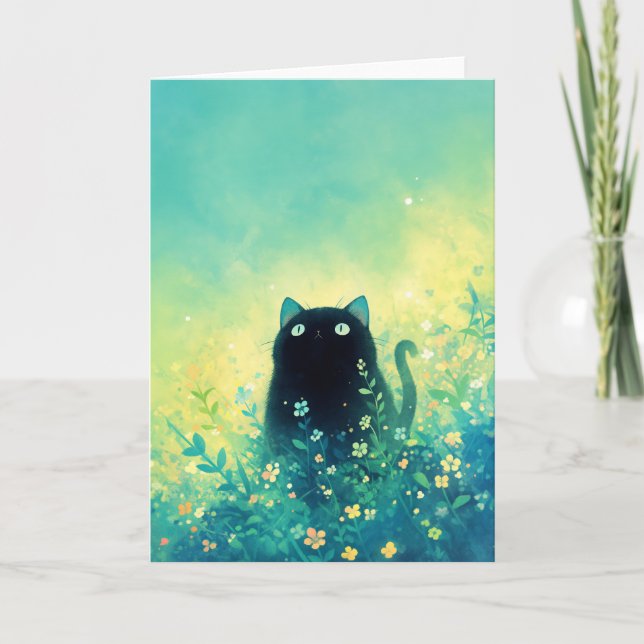Svart Kittens Blommiga Fantasi Kort (Framsida)