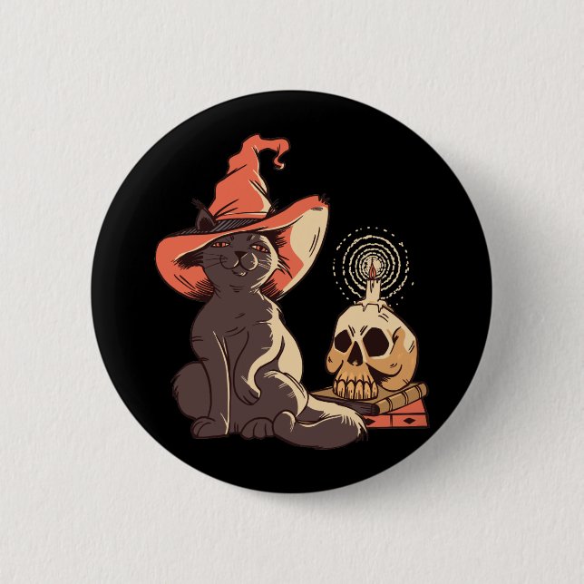 Svart Kittens Häxa Halloween Design Knapp (Framsida)