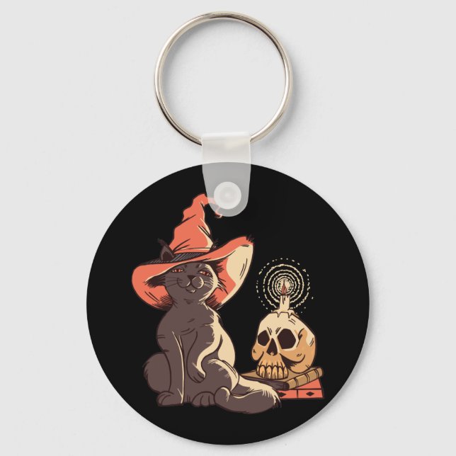 Svart Kittens Häxa Halloween Design Nyckelring (Framsida)