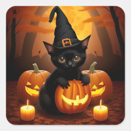 Svart Kittens Häxa Hatt Halloween Pumpa Söt Katt Fyrkantigt Klistermärke