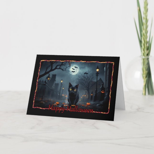 Svart Kittens Vandrande Glad Halloween-kort Helgkort (Framsida)