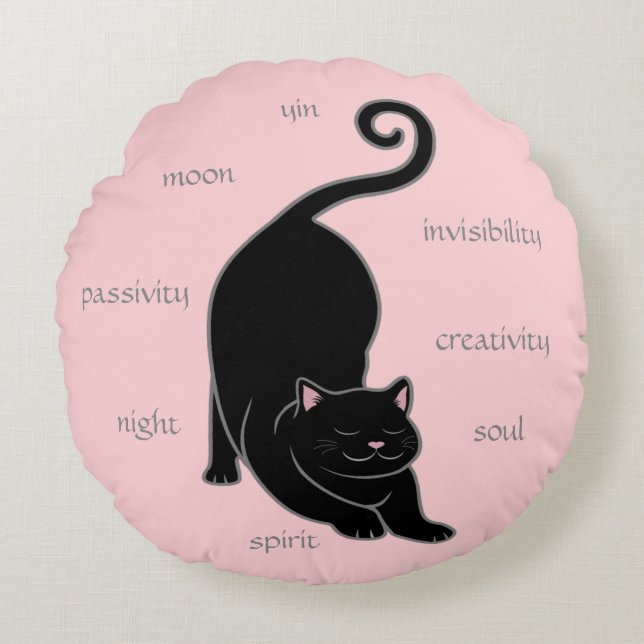 Svart Kitty Cat Yoga & Redigerbar text på rosa run Rund Kudde (Framsidan)