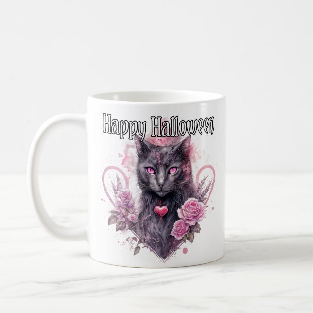 Svart Kitty Katt | Glad Halloween Kaffemugg (Vänster)