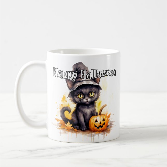 Svart Kitty Katt | Glad Halloween Kaffemugg (Vänster)