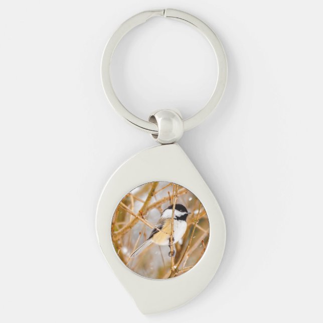 Svart-klädd chickadee - originalfoto swirl silverfärgad nyckelring (Framsidan)