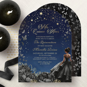 Svart klänning Celestial Stars Quinceanera Inbjudningar