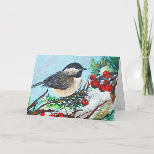 Svart, klappat, tajt Chickadee Winter Birthday Kort (Framsida)