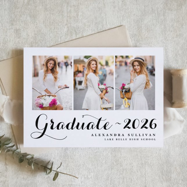 Svart klass 2024 Foto Collage Examen Inbjudningar (Customizable photo collage graduation invitation featuring modern calligraphy. )