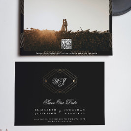 Svart klassisk deco guld monogram fotoqr-kod spara datumet