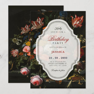 Svart klassisk vintage blomsterbukett födelsedag inbjudningar