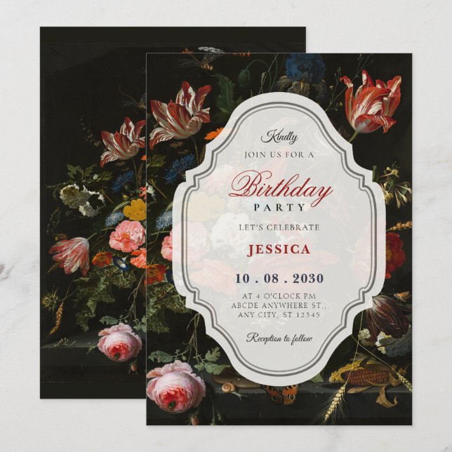 Svart klassisk vintage blomsterbukett födelsedag inbjudningar (Fram/baksida)