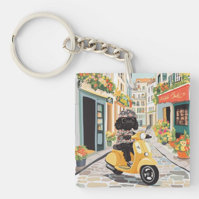 Svart klotter som kör scooter på europeiska stadsg (Framsidan)