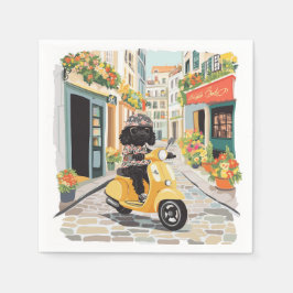 Svart klotter som kör scooter på europeiska stadsg pappersservett