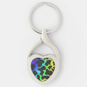 Svart ko med regnbågsmönster twisted heart silverfärgad nyckelring