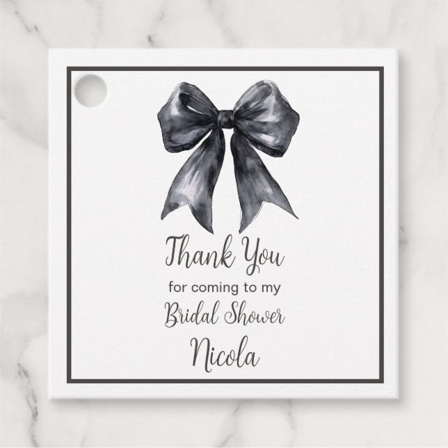 Svart kokettbåge bröllopsdusch gåvor etiketter (Framsida)