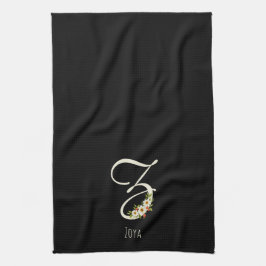 Svart kökshandduk med monogram Husvärmegåva
