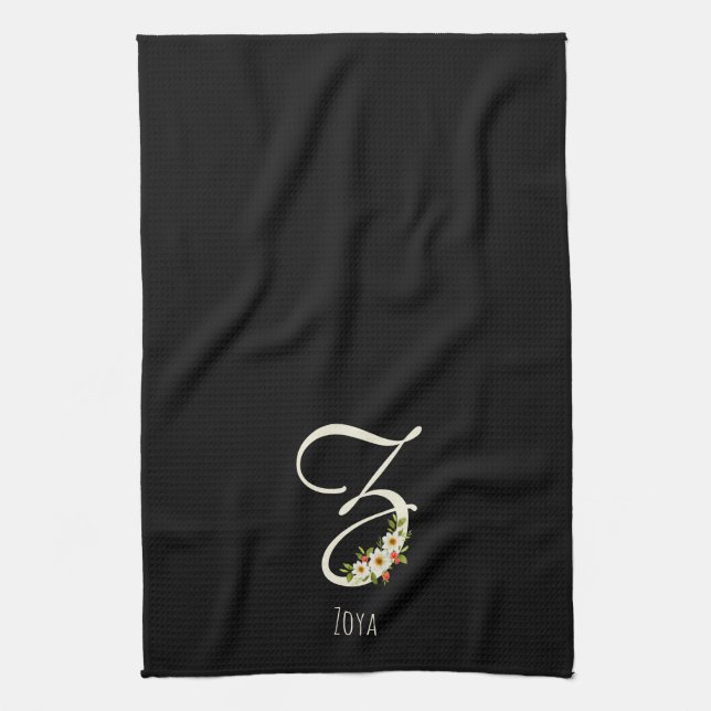 Svart kökshandduk med monogram Husvärmegåva (Vertikal)