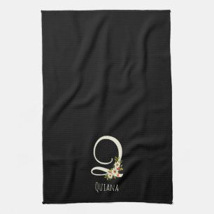 Svart kökshandduk med monogram Husvärmegåva