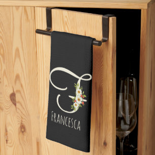 Svart kökshandduk med monogram Husvärmegåva