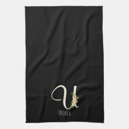 Svart kökshandduk med monogram Husvärmegåva