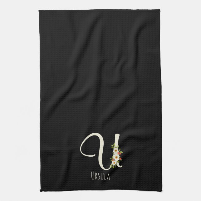 Svart kökshandduk med monogram Husvärmegåva (Vertikal)