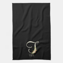 Svart kökshandduk med monogram Husvärmegåva