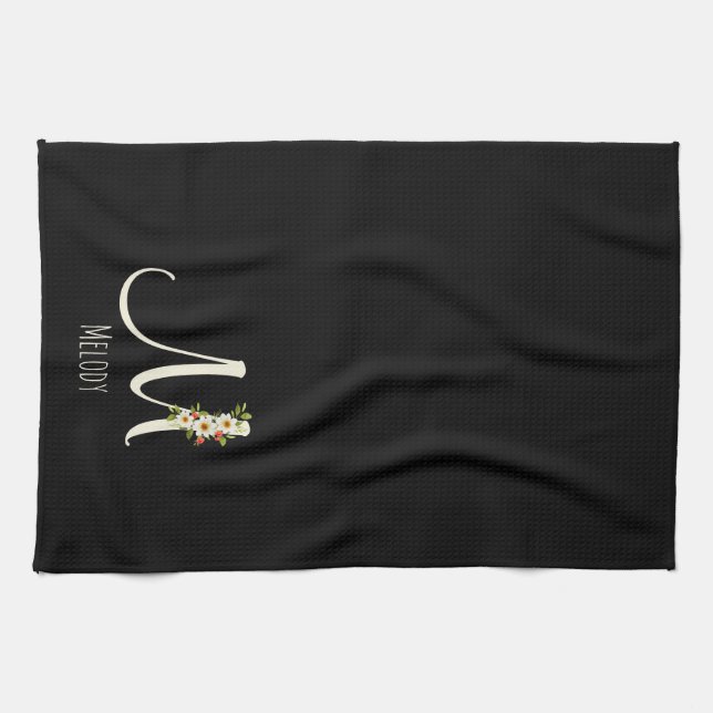 Svart kökshandduk med monogram Husvärmegåva (Horisontell)