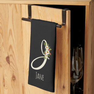 Svart kökshandduk med monogram Husvärmegåva