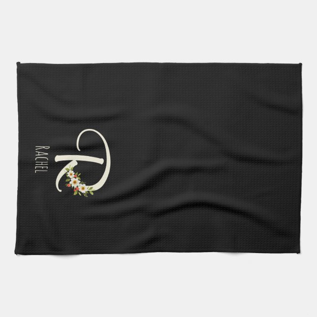 Svart kökshandduk med monogram Husvärmegåva (Horisontell)
