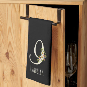 Svart kökshandduk med monogram Husvärmegåva