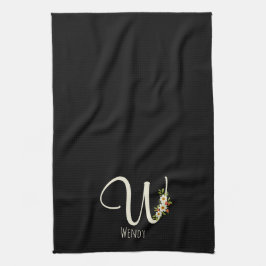 Svart kökshandduk med monogram Husvärmegåva