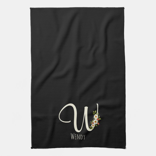 Svart kökshandduk med monogram Husvärmegåva (Vertikal)