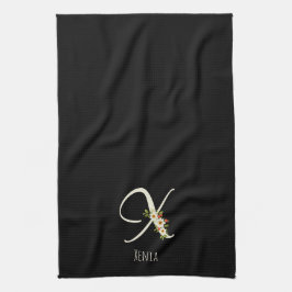 Svart kökshandduk med monogram Husvärmegåva