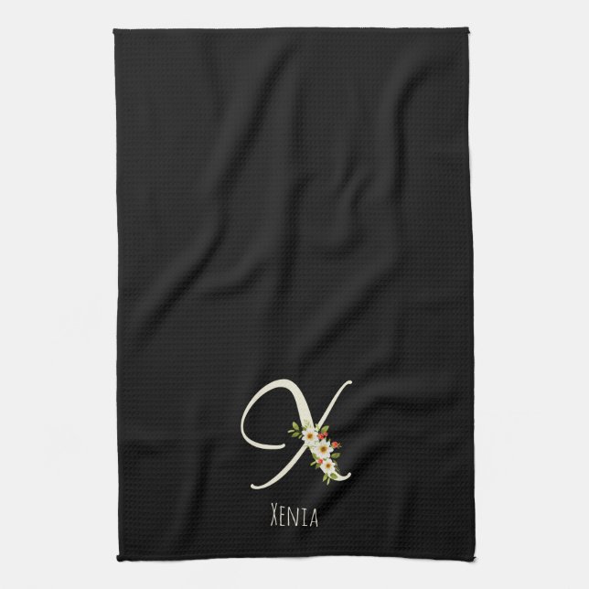 Svart kökshandduk med monogram Husvärmegåva (Vertikal)