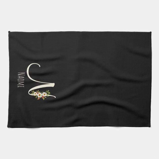 Svart kökshandduk med monogram Nyinflyttningsprese (Horisontell)