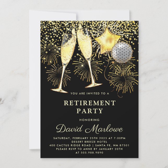 Svart konfetti Champagne pension Party Guld Inbjudningar (Framsida)