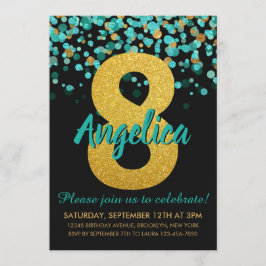 Svart konfetti Cute Teal Guld Glitter 8:e födelsed Inbjudningar