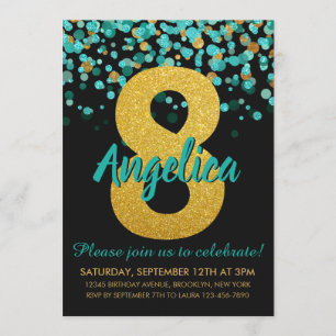 Svart konfetti Cute Teal Guld Glitter 8:e födelsed Inbjudningar