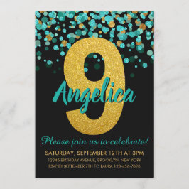 Svart konfetti Cute Teal Guld Glitter 9:e födelsed Inbjudningar