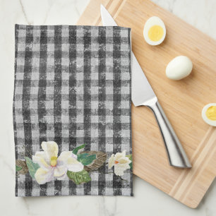 Svart kontroll av Rustic White Magnolia Löv Kökshandduk