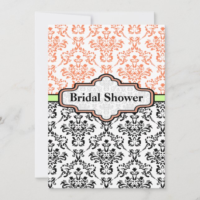 Svart korall lime damast bröllop brud shower inbjudningar (Framsida)